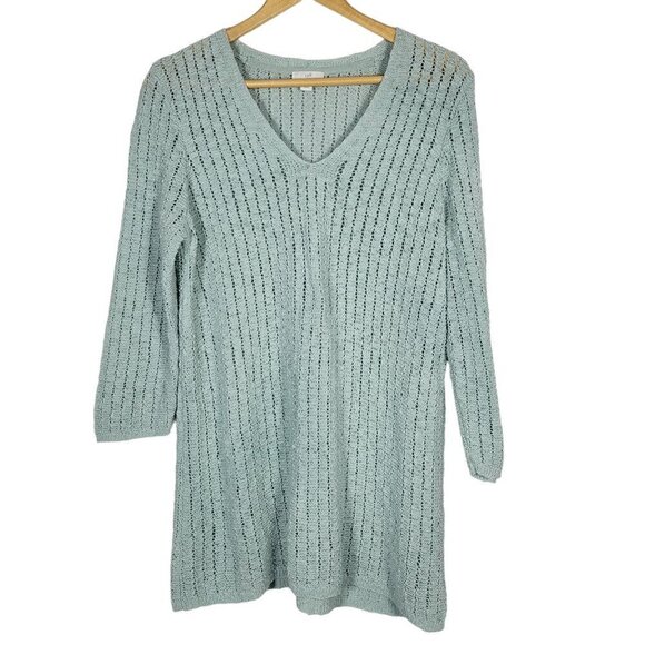 J. Jill Women's Textured Blue 3/4 Sleeve Open-Stitch V Neck Sweater Sz L Petite - Picture 1 of 14